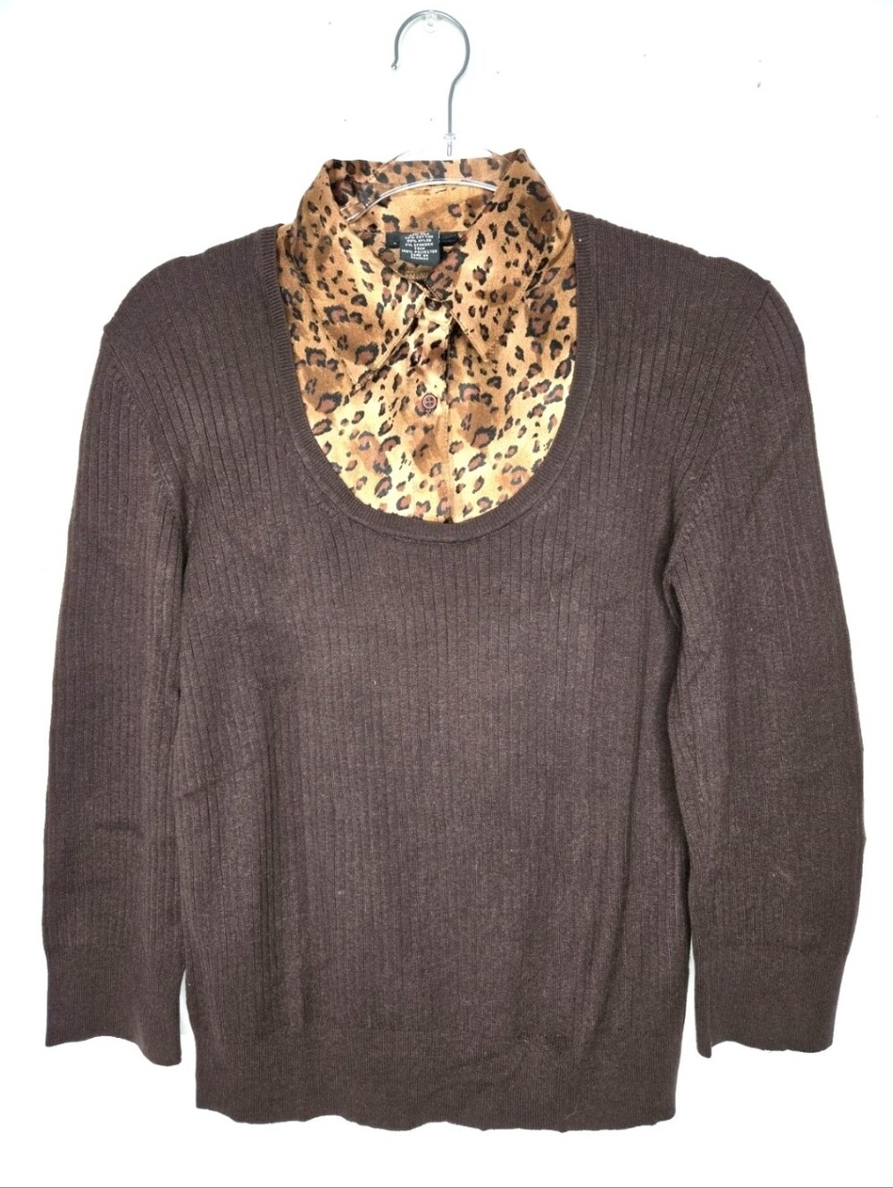 Rafaella 2-in-1 Shirt Sweater Size L Leopard Silk Collar Chocolate Sweater 90s